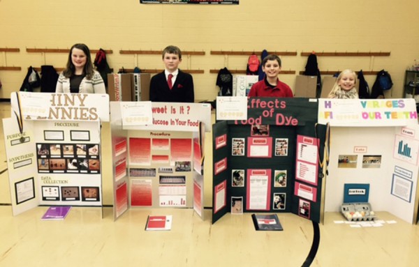 Pictures above are the student representatives who will be advancing to the Notre Dame Regional Science Fair on Feb. 28. Left to right  Jaelyn Bules, Trent Barnhart, Macclain Middaugh, (Not Pictured) Maddie Ritchison and Alternate Lilly Stetzel. 