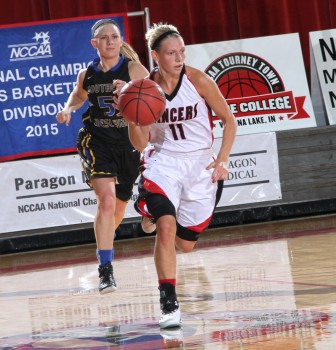 Gabby Bryant heads up the floor for Grace Thursday. The host Lancers posted a win in the consolation round of the NCCAA Championships being played at Grace (Photo provided by the Grace College Sports Information Department)