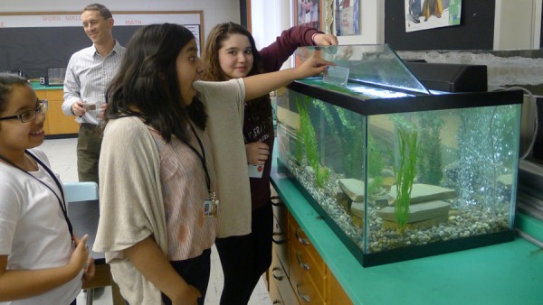 Lakeview students (left to right) Gismely, Evelyn and Alejandra enjoy the opportunity to feed fish like those found in local Indiana lakes. 