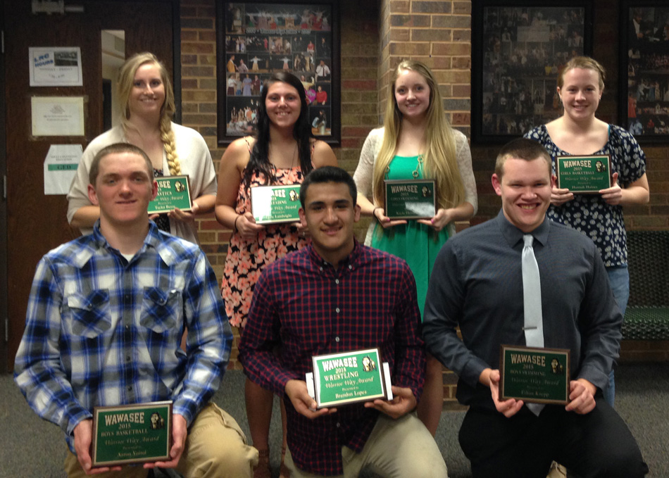 The Wawasee winter Warrior Way award winners are, in front from left, Aaron Voirol, boys basketball; Brandon Lopez, wrestling; and Ethan Knepp, boys swimming. In the back row are Taylor Busse, gymnastics; Lyric Lambright, cheerleading; Kayla Hershberger, girls swimming; and Hannah Haines, girls basketball. (Photo provided by WHS athletics)