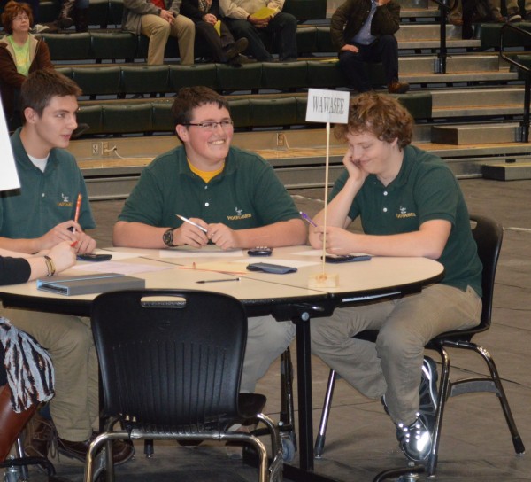From left, Evan Krueger, Clayton Hicks and Ben Slabaugh made up the Wawasee High School math team in the Academic Super Bowl competition Tuesday evening. Wawasee hosted the NLC competition.
