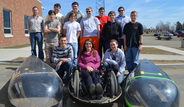 Those working on the super mileage cars this year at Wawasee High School include, in front from left, Marcus Gagye, Paige Hlutke and Blake O’Connell. In the middle row are Vito Signorelli, Chase Johnson, Evan Ranfranz, Sam Rookstool and Dominick Faurote. In the back row are Allen Coblentz (faculty advisor), Brandon Fox, Will McCarthy, Leonard Kline and Austin Lemberg. Also part of the team but not pictured are Emma Rager, Kevin Schlipf, Owen Donahoe, Aaron Beer and Ben Slabaugh.