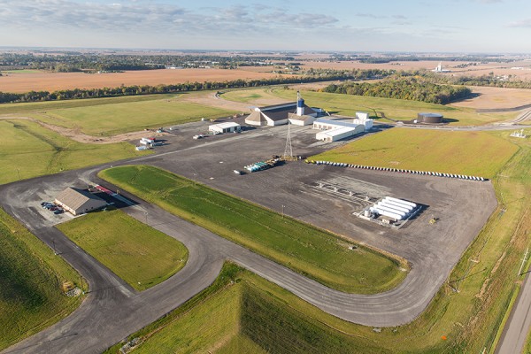 An aerial view of the TruHorizons Milford, Indiana, location and its current agronomy facilities and connection to two main-line railroads. TruHorizons is a joint venture of Trupointe Cooperative and Cargill and includes three locations in Milford, Bremen and La Paz, Indiana.