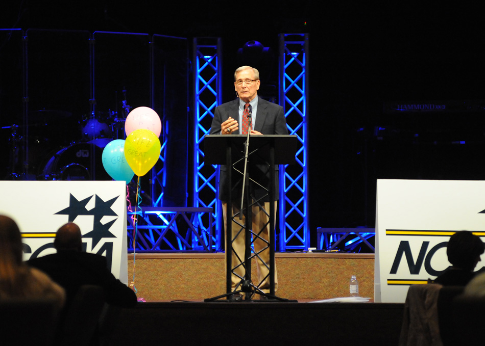 Former Division 1 men's basketball coach Dave Bliss speaks Tuesday night at the NCCAA National Basketball Tournament banquet at Warsaw Community Church. (Photos by Mike Deak)