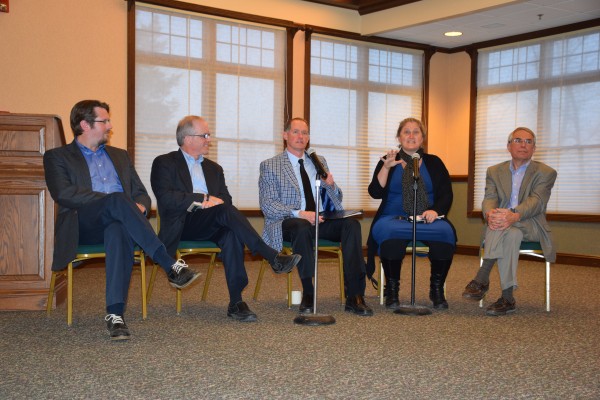 Thursday night’s panel of experts came from all over the United States and from various backgrounds in ethics, biochemistry, medicine and theology. From left are Jason T. Eberl, Marian University, Eric M. Meslin, Indiana University, Nathan Day-Wilson, Chautauqua-Wawasee, Regan Brashear, Making Change Media and Ronald Cole-Turner, H. Parker Sharp.