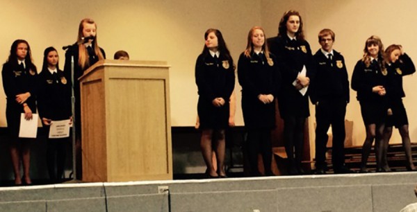 FFA Officers from 2014/2015 stand with new officers for 2015/2016: Andrew Chupp, Katie Hepler, Katie Lenker, Nathan Long, Courtney Horvath, Courtney Jennings, Kacie Pugh, Becca Kennedy and Lillie Berger.