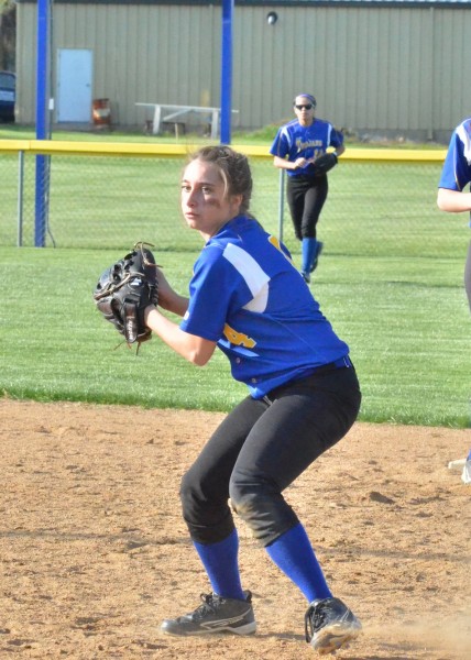 Kayla Kreft throws a runner out at first in the seventh inning of Tuesday's loss to North Miami. (Photos by Nick Goralczyk)