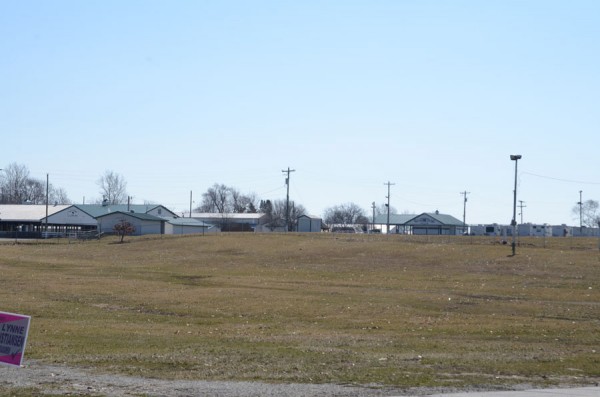 The hilly and grassy parking lot at the Kosciusko County Fairgrounds.