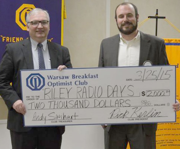 Pictured in the photo from left to right are Mike Bergen representing Riley Fun, and Adam Turner representing the Warsaw Breakfast Optimist club. (Photo provided)