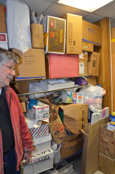 An overflowing storage area in a narrow hallway leading to the art room outside of Lincoln Elementary. 