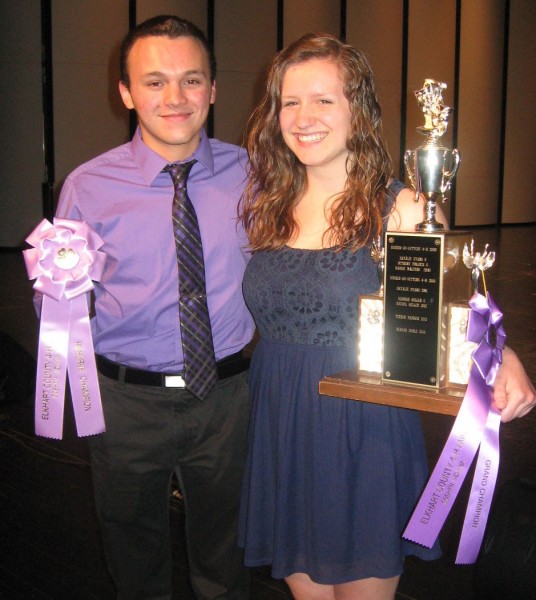 Tristan Swihart, Goshen, left, was reserve grand champion in the Elkhart County 4-H Performing Arts Contest Thursday. Livviya Haarer, Goshen, right, was the grand champion. (Photo provided)