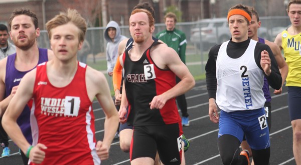 Matthew Lee competes in the 800 for Grace College Saturday at the conference championships in Goshen (Photo provided by the Grace College Sports Information Department)