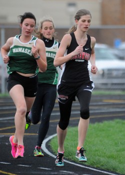 NorthWood's Erica Stutzman is trailed by Wawasee's Elizabeth Zorn, left, and Maddie Birch during the two-mile race.