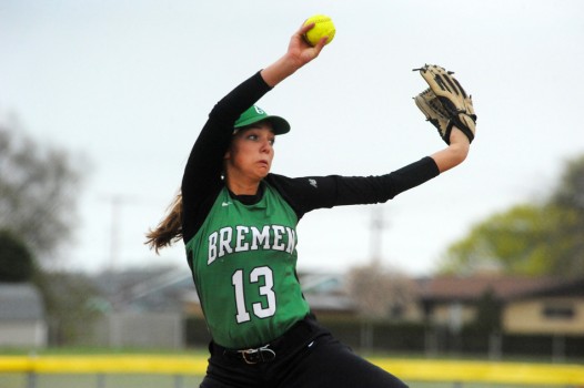 Bremen pitcher Chelsea Huppert fires against Triton.