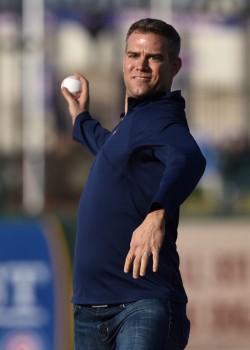 Chicago Cubs President of Baseball Operations Theo Epstein throws the first pitch prior to the South Bend Cubs' first game against Bowling Green Thursday evening. (Photo provided by Joe Hart)