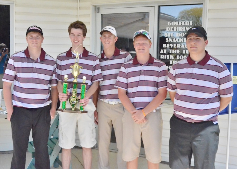 Pictured with the first place trophy from Columbia City are, from left to right, Tyler Green, Max Dryer, Spencer Klimek, Cameron Slavich and Spencer McCammon. (Photos by Nick Goralczyk)
