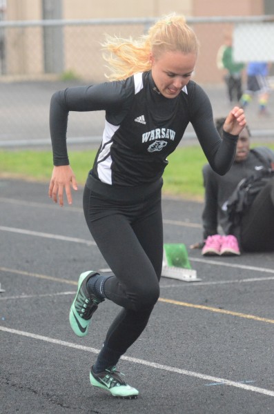 Mariah Harter takes off at the start en route to winning the 100 Tuesday night.