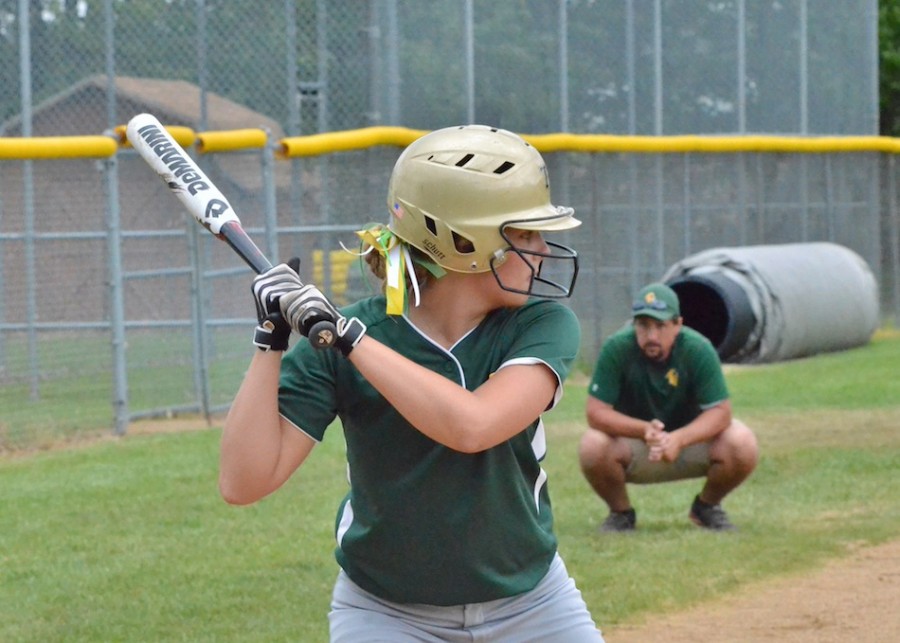 Maddy Henninger stands at the plate as Valley head coach Daryl Shoemaker watches on during Monday's sectional opener against Fairfield. (Photos by Nick Goralczyk)