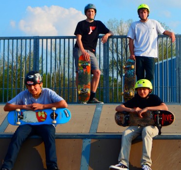 Self proclaimed park pros take a break for the camera at Mantis Sake Park, Warsaw. From left are Nicolas Lariou-Hernandez and Alec Gayney. Standing are Alex Hernandez and Logan Vector.