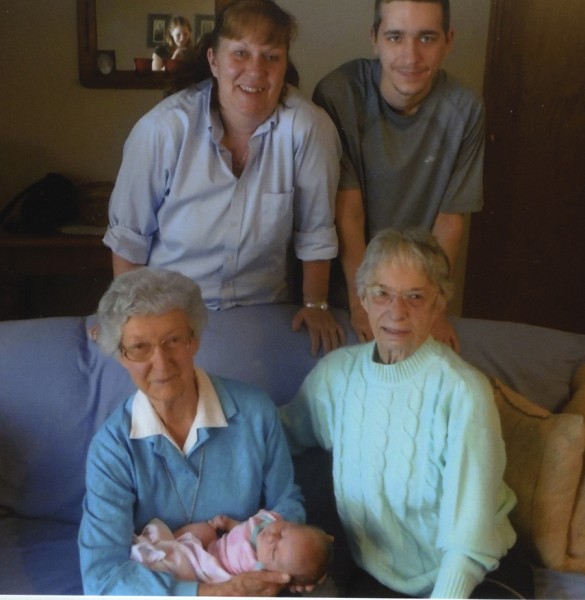 Pictured are five generations of the Nelson family. In front, from left, are Esther Nelson, Mentone, great-great-grandmother, holding baby Raelyn Novitski, Leo, and Anne Utter, Winona Lake, great-grandmother. In back are Lynn Novitski, Leo, grandmother, and Alex Novitski, Leo, father. (Photo provided)