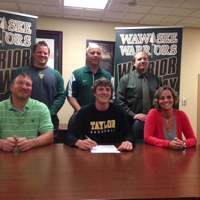 Pictured, in front from left, are, Shawn Reinhard, Gage Reinhard and Marci Reinhard. In the back are, Wawasee baseball head coach Brent Doty, Wawasee athletic director Steve Wiktorowski and Wawasee principal Mike Schmidt. (Photo provided by Wawasee Athletics)