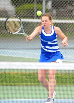 Triton two doubles player Quinn Downing places a shot against LaVille.