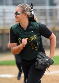 Meghan Fretz smiles after getting out of a bases loaded jam in the fourth.