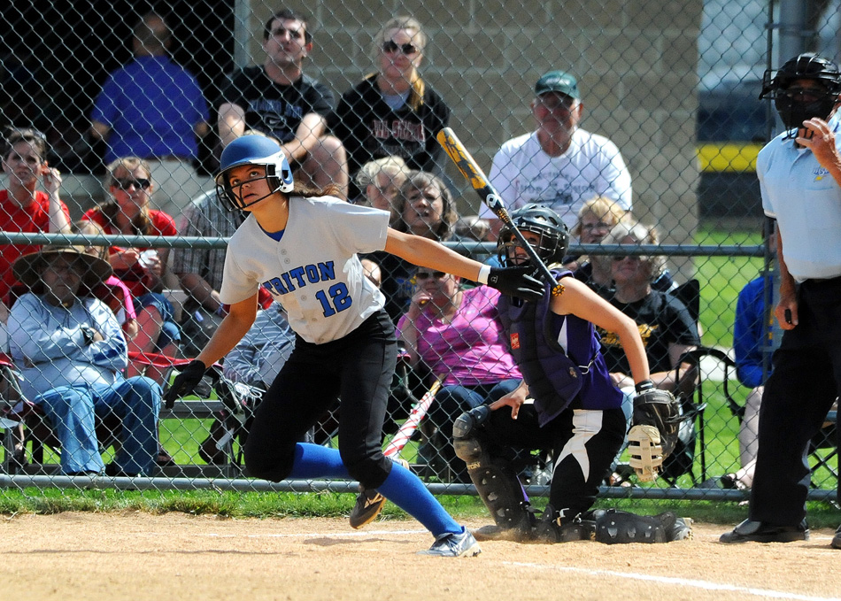 Triton's Hannah Jennings follows through on a double in the bottom of the fifth, which started a five-run inning for the host Trojans en route to a 15-5 win over Elkhart Christian Academy in the second semi-final of the Triton Softball Sectional. (Photos by Mike Deak)