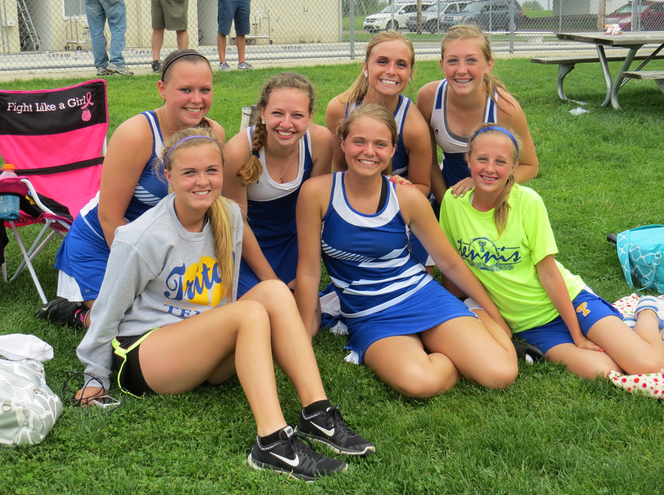 Triton's girls tennis team pose during the championship round of the Northern State Conference finals. Triton won the team title with 46 points, edging out Bremen. Winning titles were Kaelyn Mason at one singles and the one doubles team of Kolbie Mason and Kylie Mason. Kylie was not present in the group shot or the team ceremony as she headed back to Bourbon to prep for Warsaw's prom. (Photo provided by Kelley Ross)