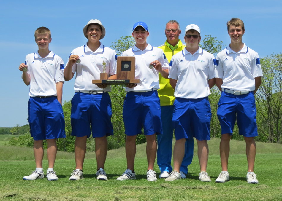 Triton's boys golf team won the final Northern State Conference golf tournament Saturday at Mystic Hills. The champs are, from left, Isaac Wall, Braden Kreft, Jordan Anderson, head coach Jack Carpenter, Greg Music and Gavin Eads. (Photo provided)