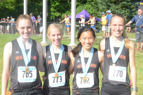 The 4 X 800 relay team got Warsaw set a school record in placing seventh at State Saturday night. The team (above from left) included Hannah Dawson, Brooke Rhodes, Anna Craig and Allison Miller.