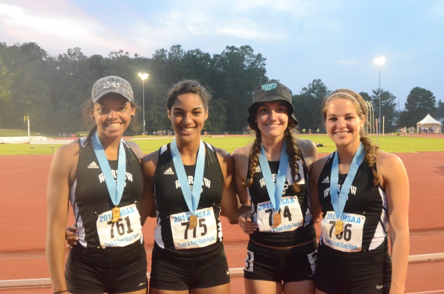 The Warsaw 4 X 400 relay team broke a school record that had stood since 1987 in placing seventh at the State Finals Saturday night in Bloomington. The team shown above (left to right) is Jazzmine Brown, Tennie Worrell, Audrey Rich and Nicole Eckert. 