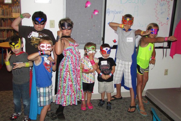 Everyone had a blast at our first Food and Fun Day becoming superheroes. They made capes, masks and armbands! From left to right: Noah VanderReyden, Lucas Shanks, Owen Hamilton, Morrigan Flannery, Carol Price, Jace Birchfield, Jayden Boggs, and Alyssa Swanson. 