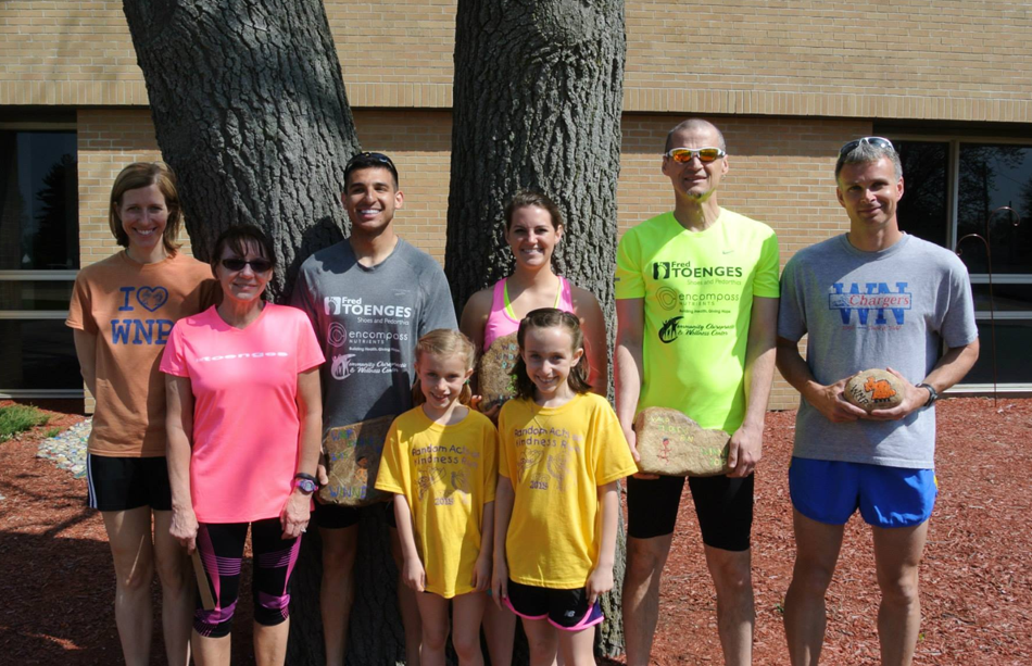 Winners are shown from the West Noble Primary Kindness Run in Ligonier. In the front row are, from left to right, Deb Byers (master), Lanie Martin (first 1/2 mile), and Lucy Martin (12th mile). In the back row are Jessica Martin (second place), Elias Rojas (first), Lexi Shepherd (first), Brian Shepherd (master), and Mike Flora (second). (Photo provided by Brian Shepherd)