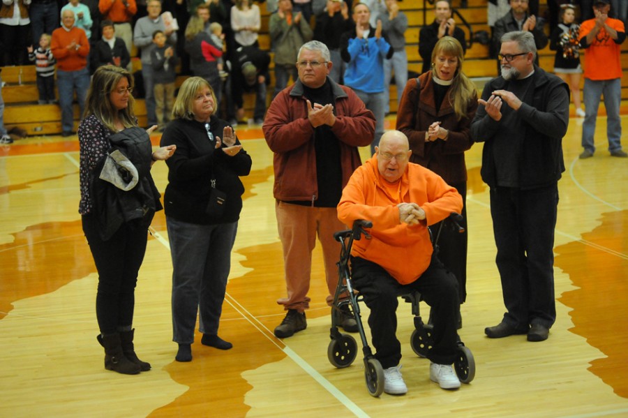 Bob "Coach" Lichtenwalter is shown last November while being honored at a Warsaw basketball game. The longtime former teacher, coach and director of the Baker Youth Club passed away Wednesday night (File photo by Mike Deak)