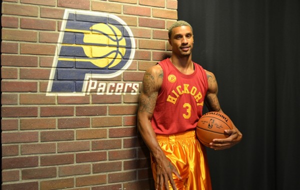 Indiana's George Hill dons the special Hickory Husker jersey that the Pacers will wear to honor the film 'Hoosiers' 30th anniversary. (Courtesy of Indiana Pacers)