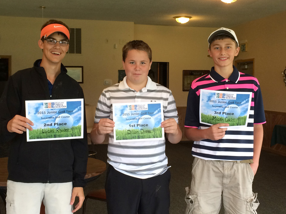 The top golfers at the Sycamore Junior Golf Tour stop were, from left to right, Lucas Rhodes, second place; Dillon Drake, first place; and Micah Cokl, third place. (Photo provided)