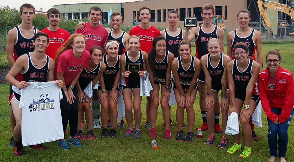 Grace College's men's and women's cross country teams pose after a successful day at the Northwest Classic Friday afternoon. (Photo provided) 