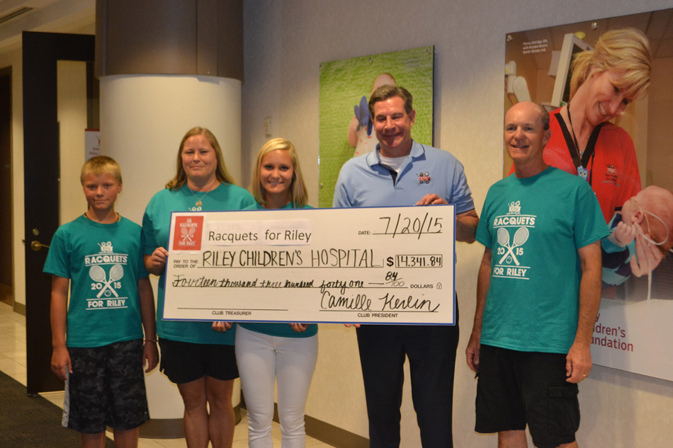 Racquets For Riley was able to donate over $13,341 to the Riley Children's Hospital this summer. From left to right are Carson Kerlin, Diane Kerlin, Camille Kerlin, foundation president Kevin O'Keefe and Rick Kerlin.