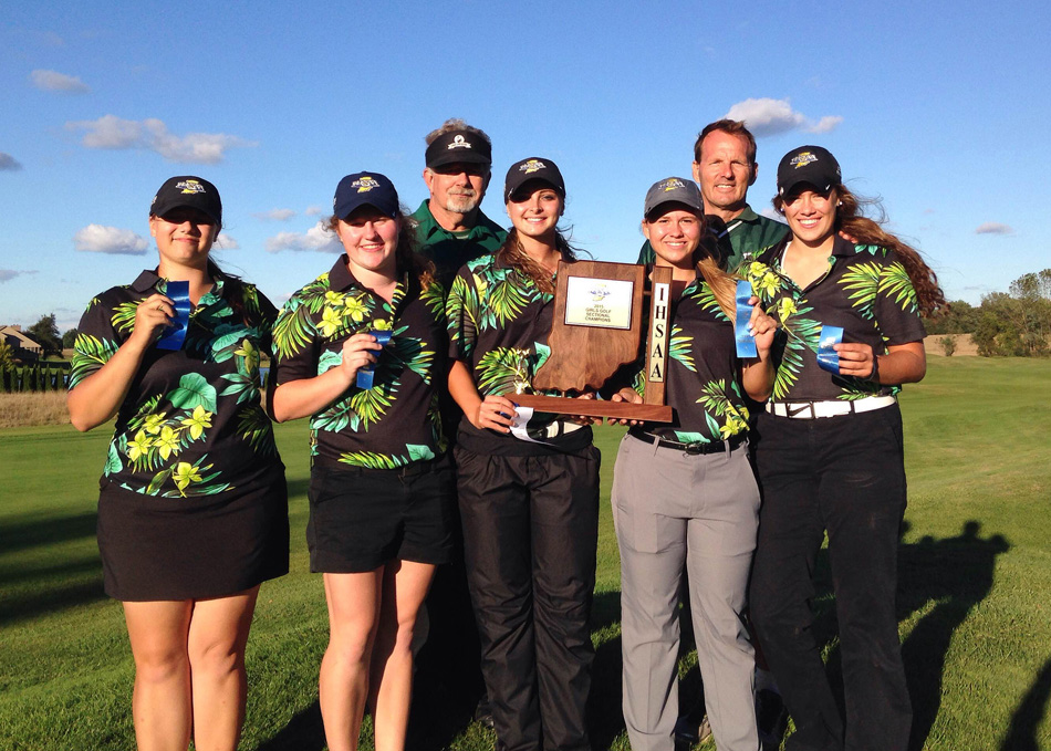 The Wawasee girls golf team weathered the Warsaw Girls Golf Sectional to win with a 332 team score. The champs are, from left, Kamryn Foy, Madison Beaman, head coach Steve Coverstone, Mikala Mawhorter, Kylee Rostochak, assistant coach Jeff Rostochak and Aubrey Schmeltz.