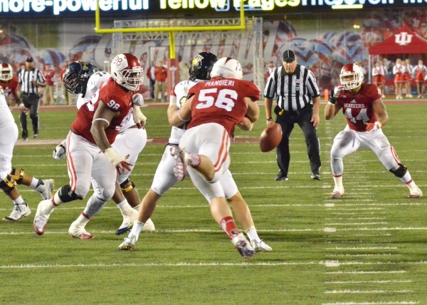 Nick Mangieri makes one of the biggest plays of the game with this sack-fumble on Alex McGough which set up IU's go-ahead touchdown. (Photos by Nick Goralczyk)
