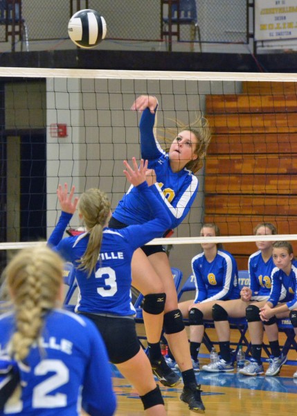 Triton's Nicole Sechrist takes a swing against LaVille at the Triton Volleyball Invite Saturday. (Photos by Nick Goralczyk)