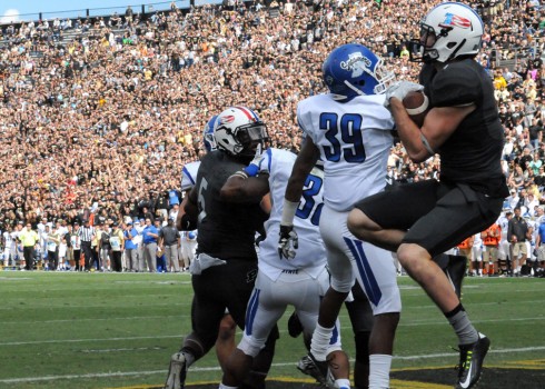 Purdue's Dan Monteroso pulls in a touchdown pass against Indiana State.