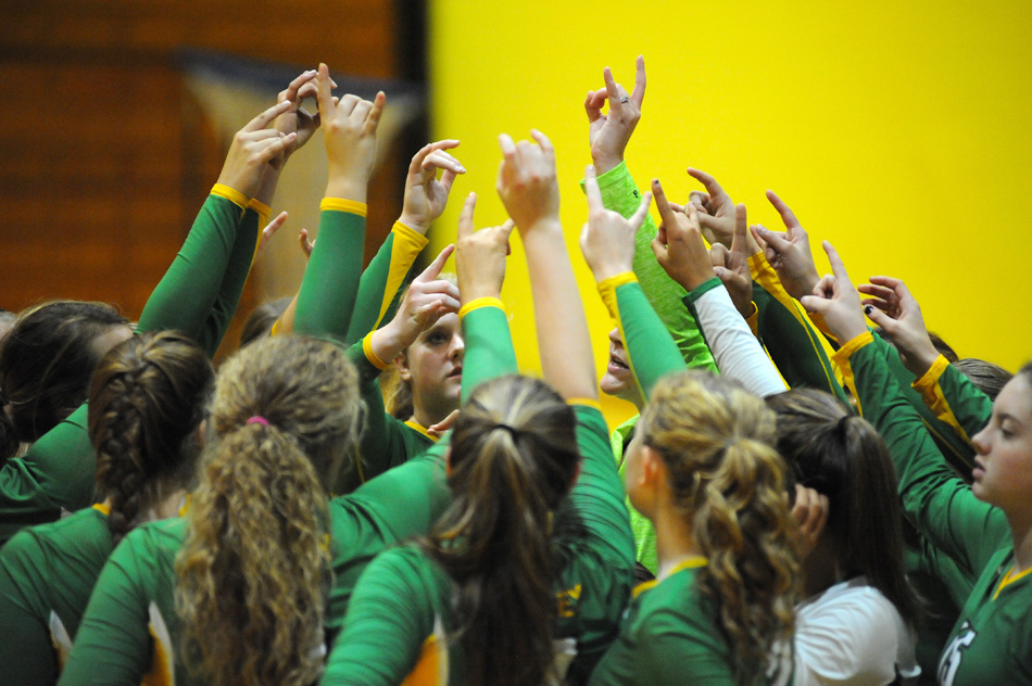 Tippecanoe Valley raises the horns after a timeout in the third game of a 3-0 win over the Northfield Norse Thursday in volleyball. (Photos by Mike Deak)
