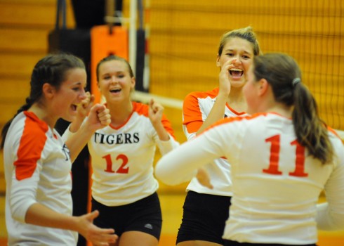 Jordyn Lindeman celebrates with, from left, Cassie Hoag, Haley Peterson and Courtney Steffensmeier.