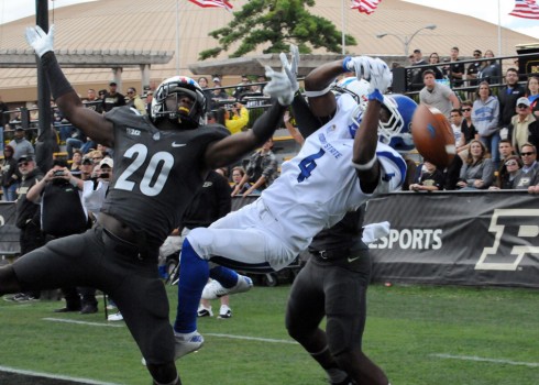 Purdue cornerback David Rose knocks away a pass from Indiana State receiver Gary Owens.