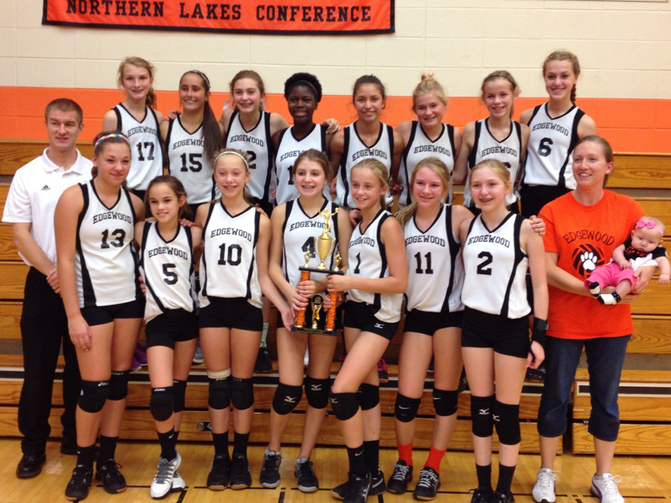 The Edgewood Middle School seventh grade volleyball won 28 games this season, including a title at the Warsaw Invite this past Saturday. Pictured in the front row are, from left, Evyn Mangun, Annie Burnett, Sidney Morel, Kendra Love, Kendra Kline, Kensie Ryman, Elizabeth Schmidt and Coach Wysong & baby. In the back row are coach Sam Wysong, Betty Barnett, Lindsey Bradley, Brooklyn Fitzgerald, Loundia Helser, Anadely Climaco, Allison Zartman, Izzy Hamill and Kennedy Lauck. (Photo provided)