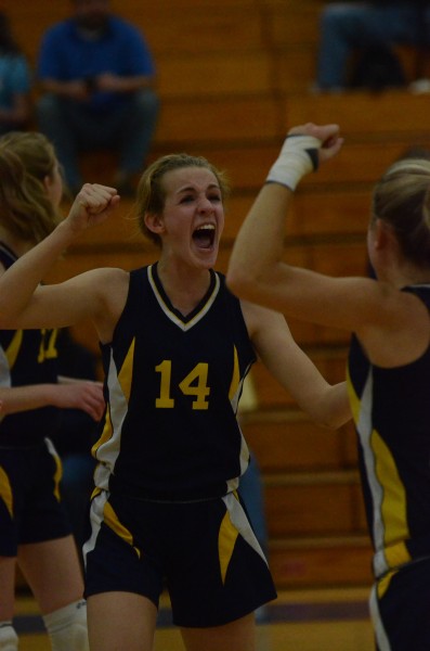 Cassadi Colbert of LCA celebrates during sectional play at Bethany Christian Thursday night.