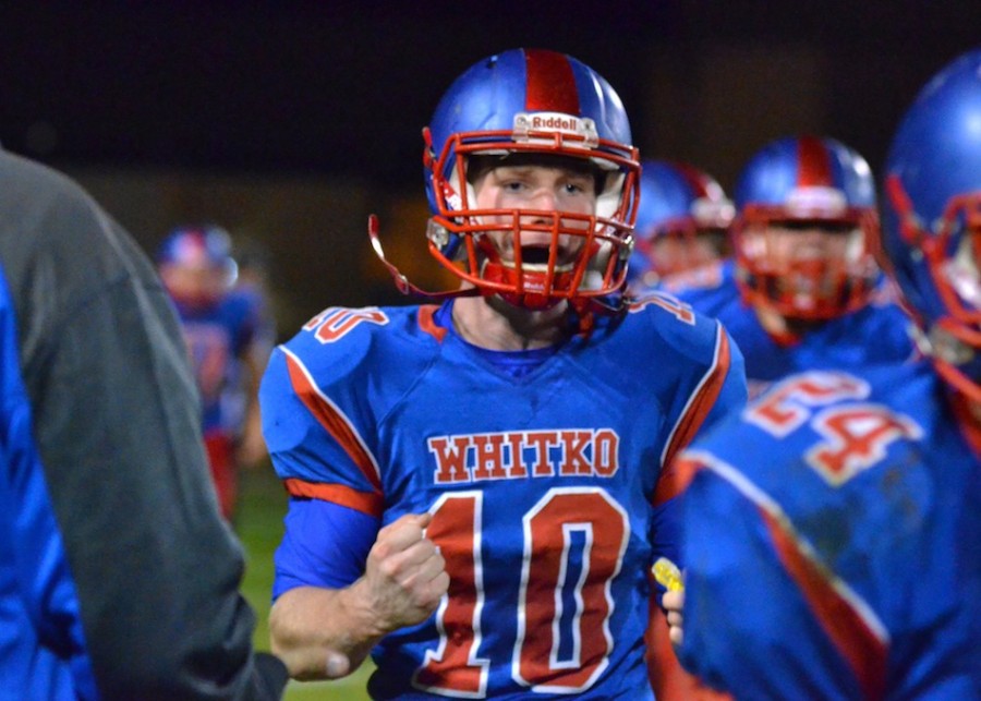 Garrett Elder gives a fist pump following his 75-yard touchdown run during Whitko's 34-27 win over Churubusco in Friday's sectional semifinal. (Photos by Nick Goralczyk)