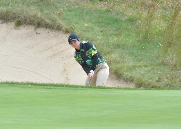 Wawasee's Mikala Mawhorter gets herself out of a trap on No. 13 at Prairie View Golf Club. (Photos by Nick Goralczyk)